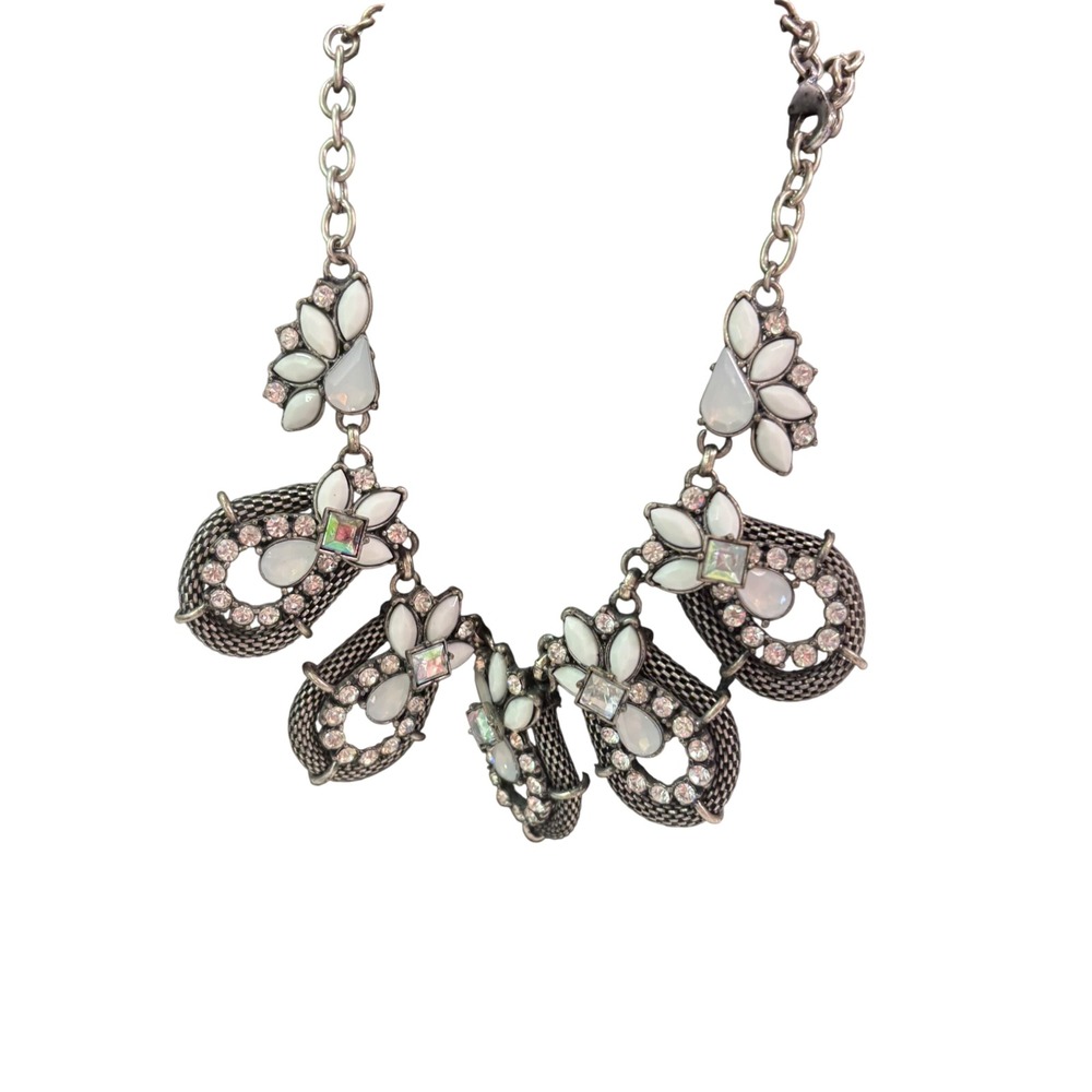 Silver Tone White Cabochon Rhinestone Bib Statement Necklace 21 Inch Adjustable